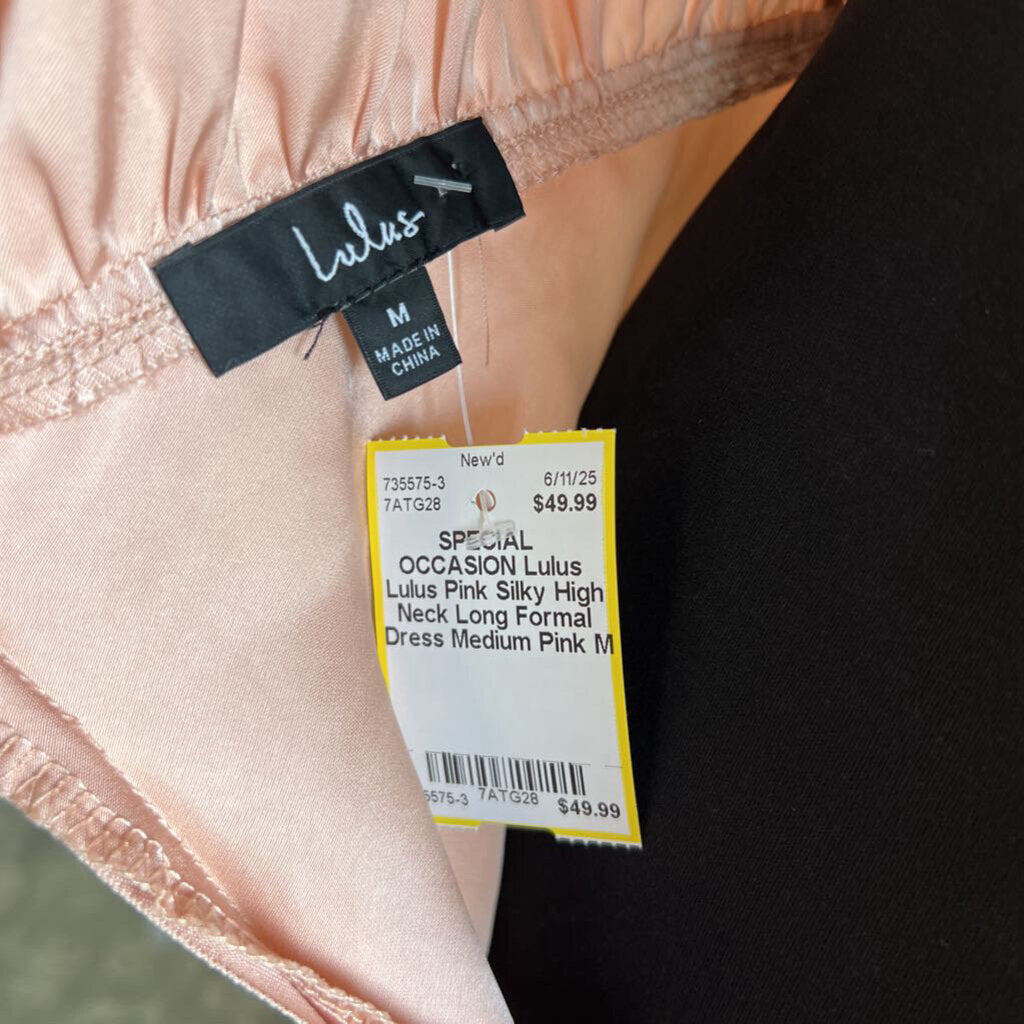 Lulus Pink Silky High Neck Long Formal Dress Medium