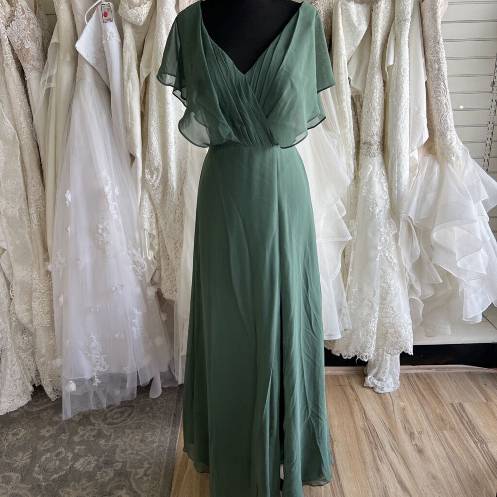 Azazie Green Ruffle Sleeve Long Formal Dress 8