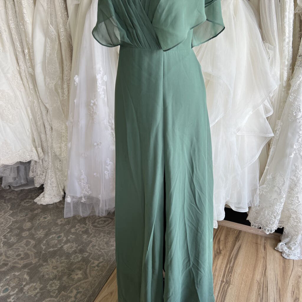 Azazie Green Ruffle Sleeve Long Formal Dress 8