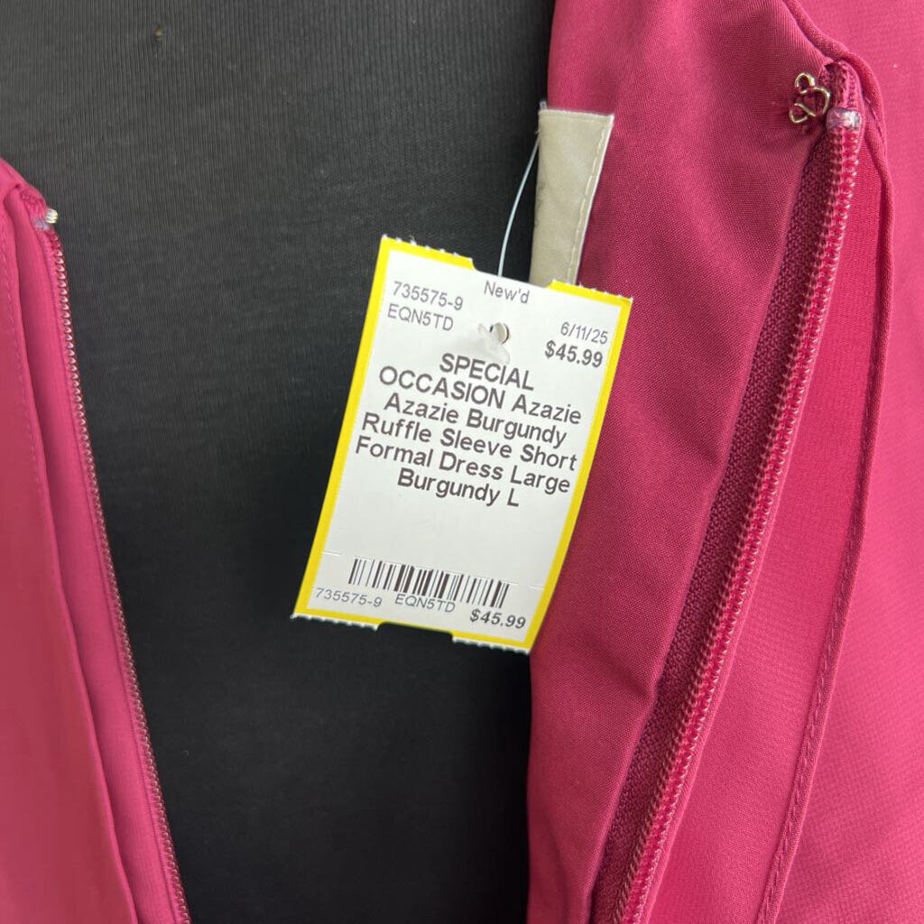 Azazie Burgundy Ruffle Sleeve Short Formal Dress Large