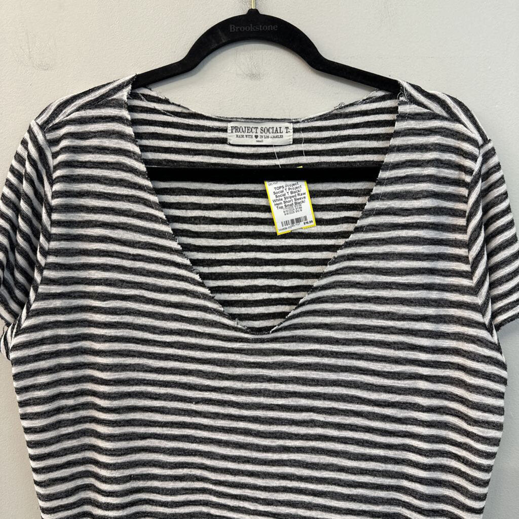Project Social T Black/ White Striped Raw Hem Short Sleeve Top Small