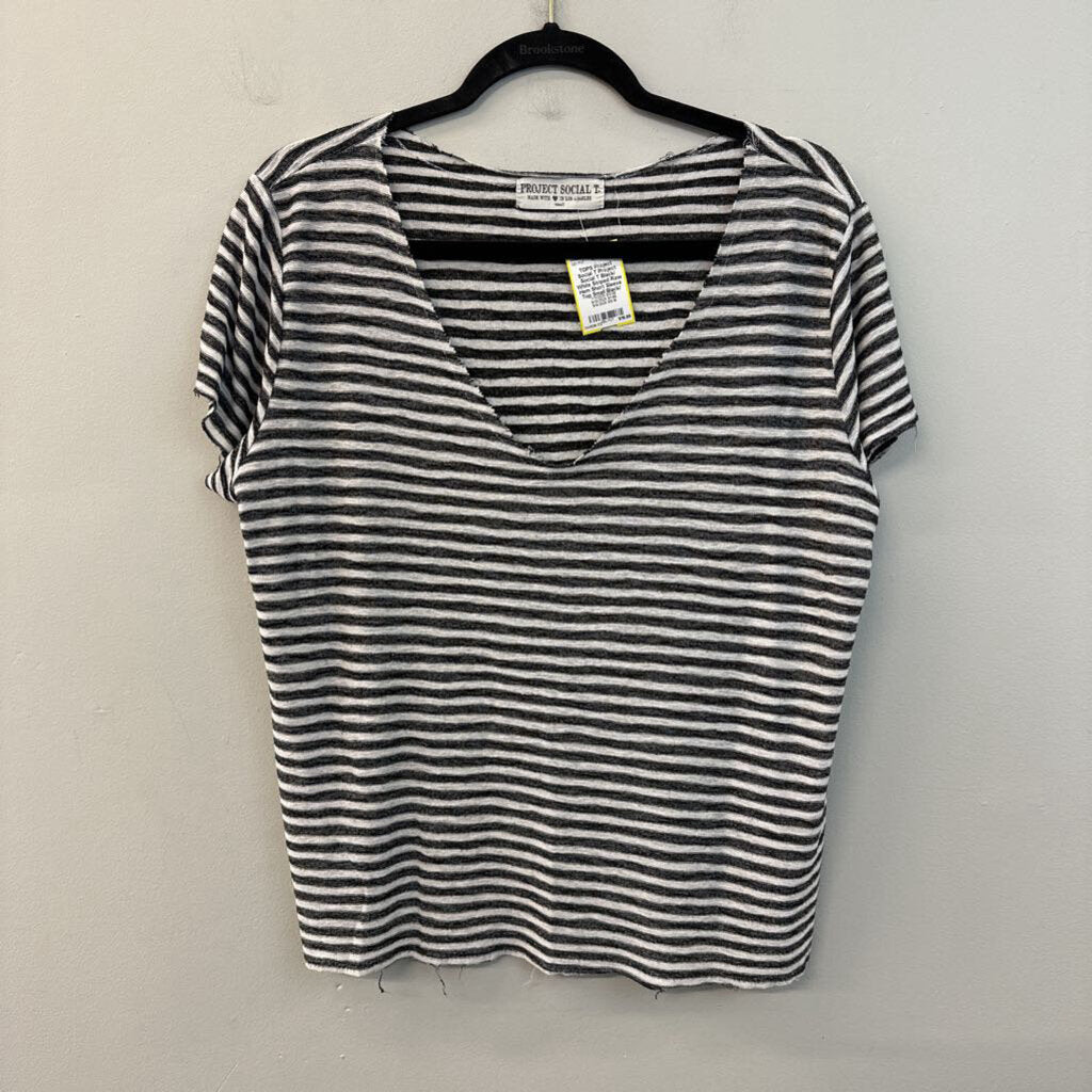 Project Social T Black/ White Striped Raw Hem Short Sleeve Top Small