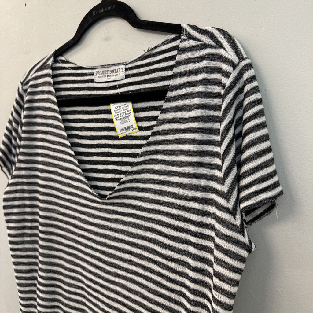 Project Social T Black/ White Striped Raw Hem Short Sleeve Top Small