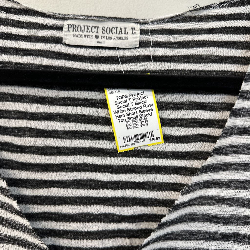 Project Social T Black/ White Striped Raw Hem Short Sleeve Top Small