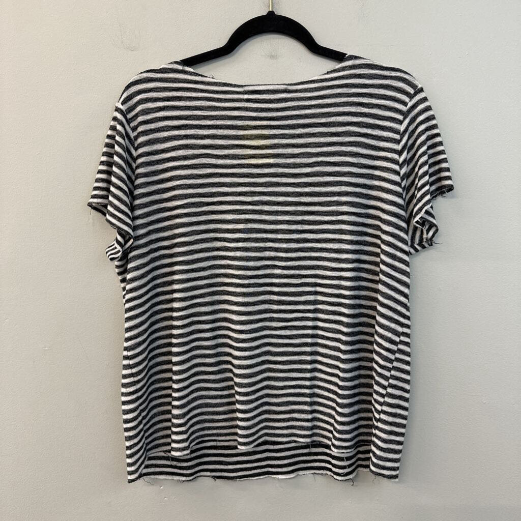 Project Social T Black/ White Striped Raw Hem Short Sleeve Top Small