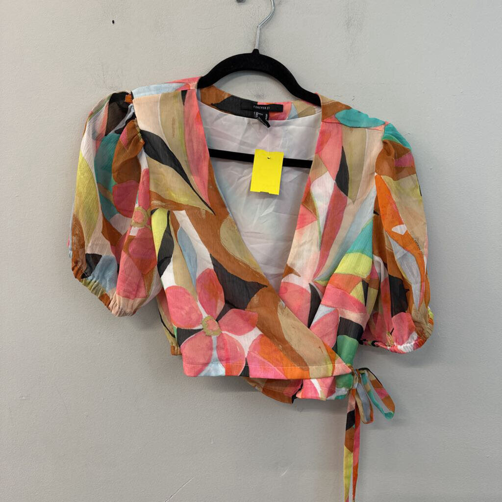 Pink/ Multi Print Short Puff Sleeve Cropped Wrap Top Medium