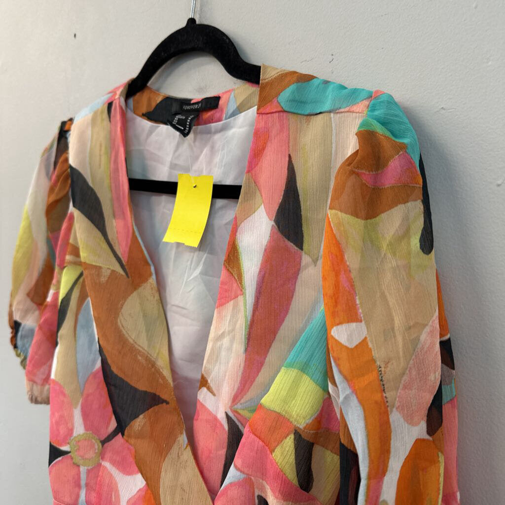 Pink/ Multi Print Short Puff Sleeve Cropped Wrap Top Medium