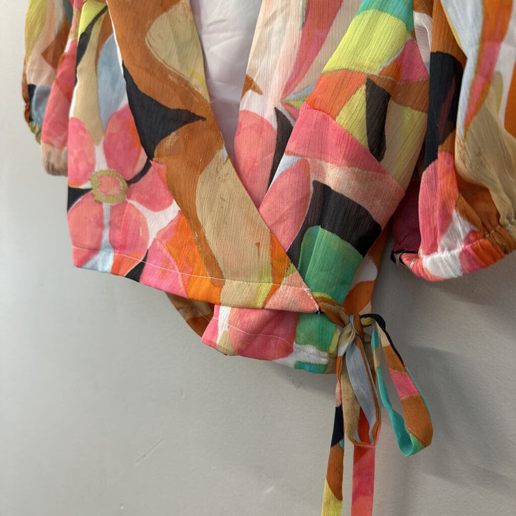 Pink/ Multi Print Short Puff Sleeve Cropped Wrap Top Medium