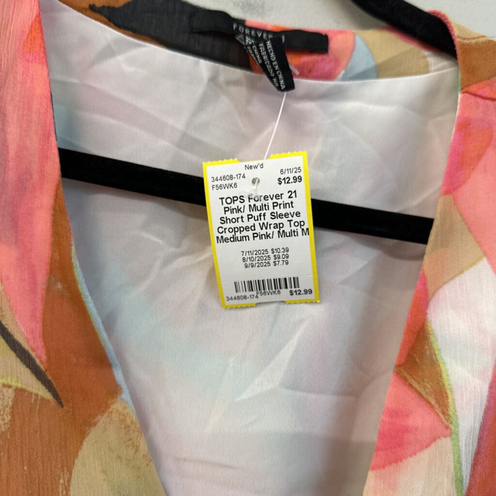 Pink/ Multi Print Short Puff Sleeve Cropped Wrap Top Medium