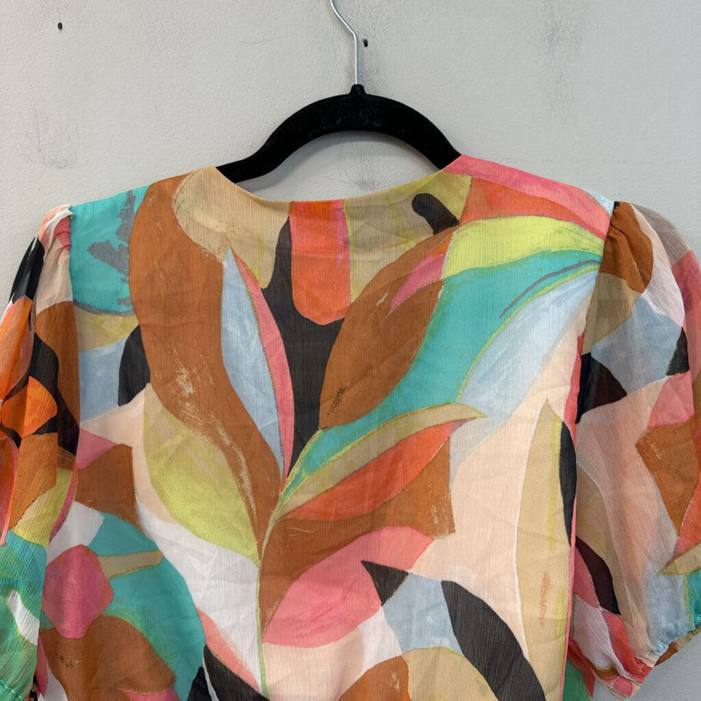 Pink/ Multi Print Short Puff Sleeve Cropped Wrap Top Medium