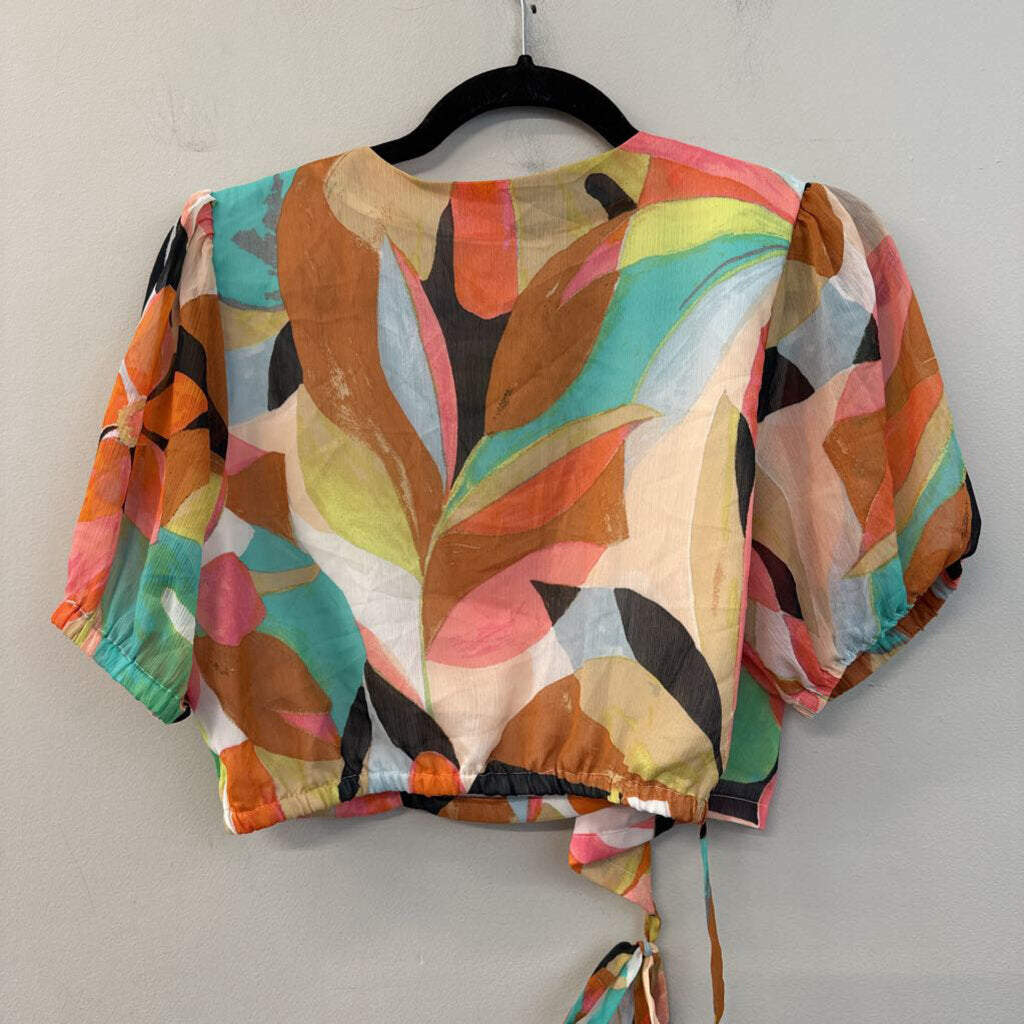 Pink/ Multi Print Short Puff Sleeve Cropped Wrap Top Medium