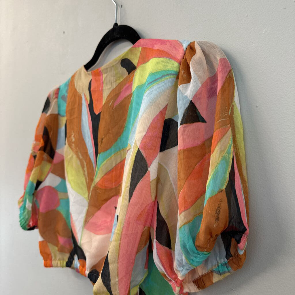 Pink/ Multi Print Short Puff Sleeve Cropped Wrap Top Medium