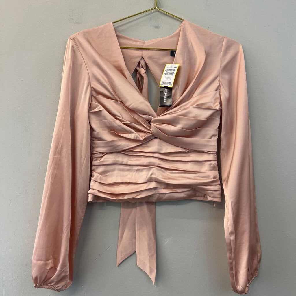 Express Pink Silky Cropped Long Sleeve Top Extra Small