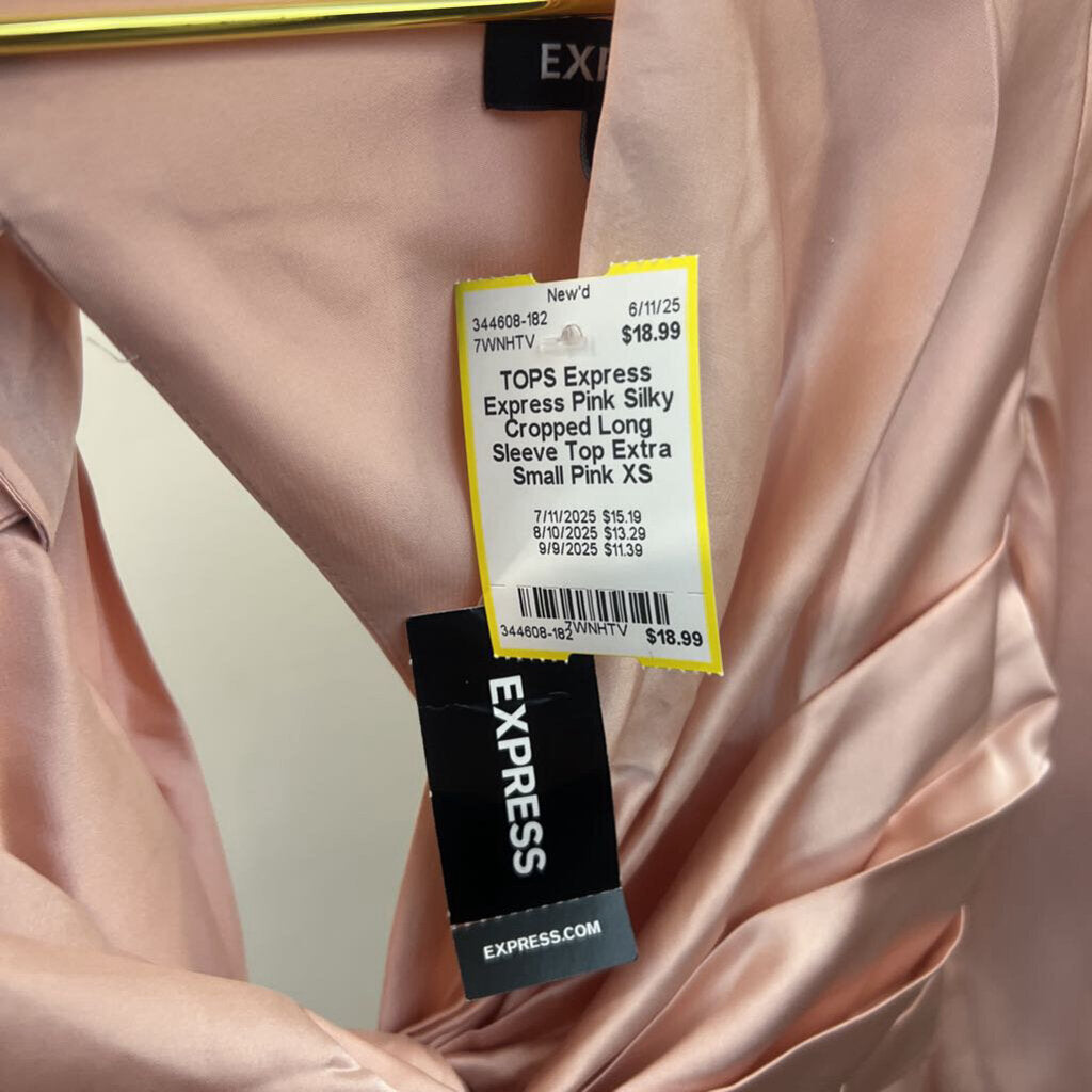 Express Pink Silky Cropped Long Sleeve Top Extra Small