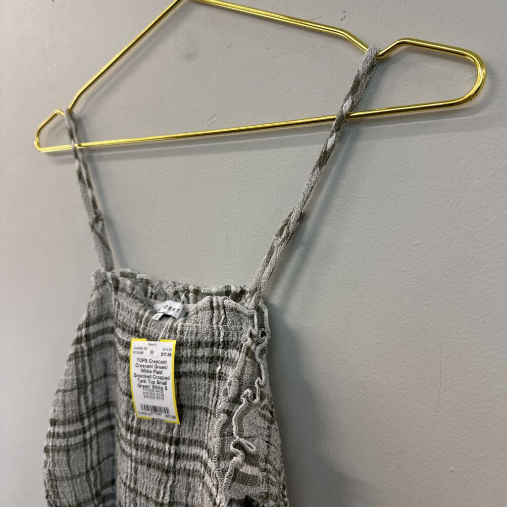 Crescent Green/ White Plaid Smocked Cropped Tank Top Small