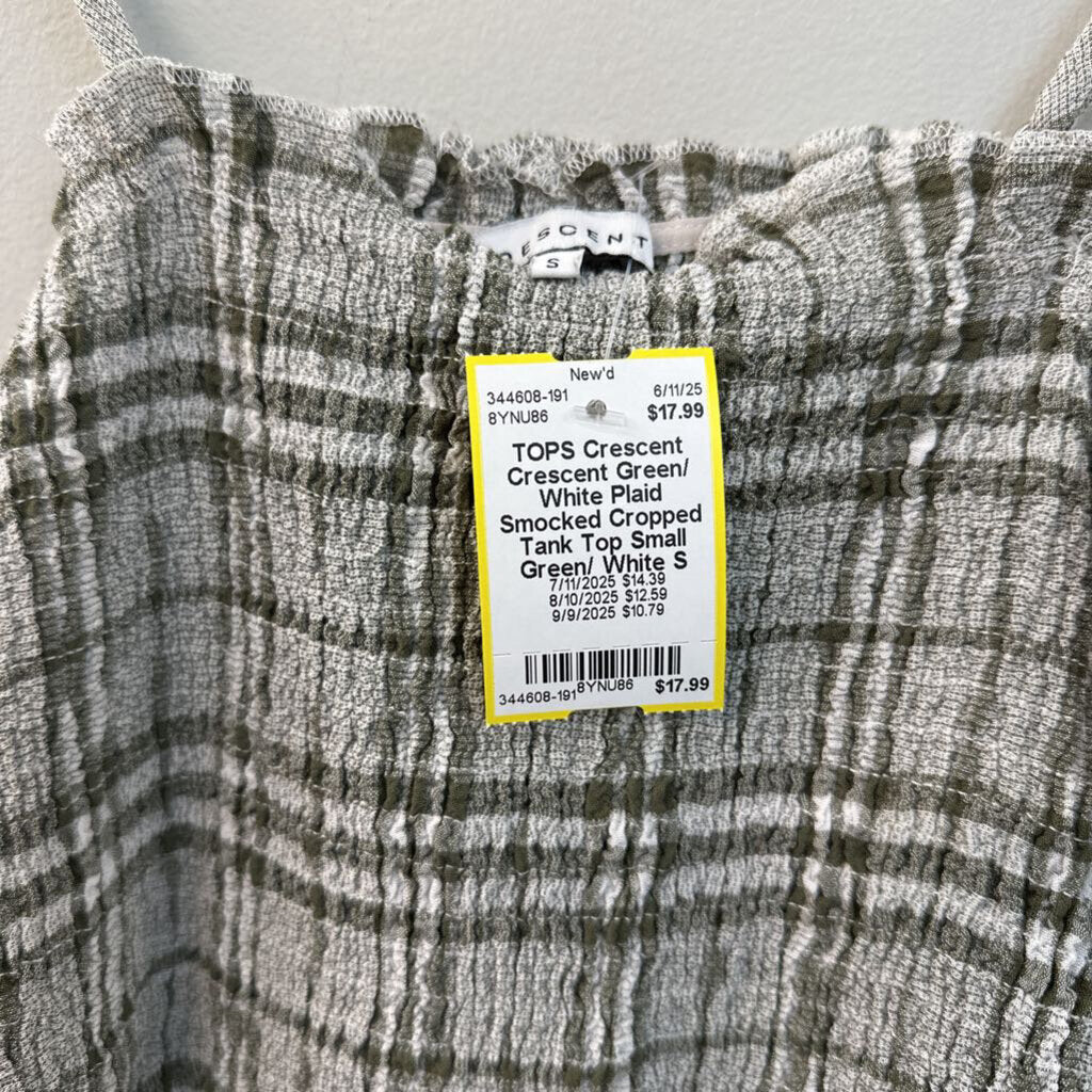 Crescent Green/ White Plaid Smocked Cropped Tank Top Small