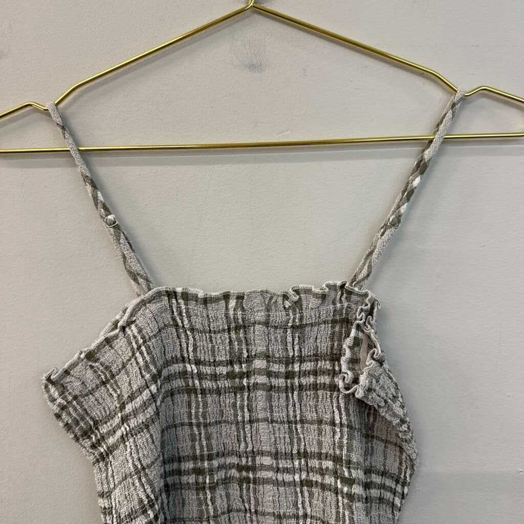 Crescent Green/ White Plaid Smocked Cropped Tank Top Small