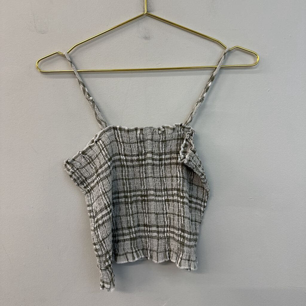 Crescent Green/ White Plaid Smocked Cropped Tank Top Small