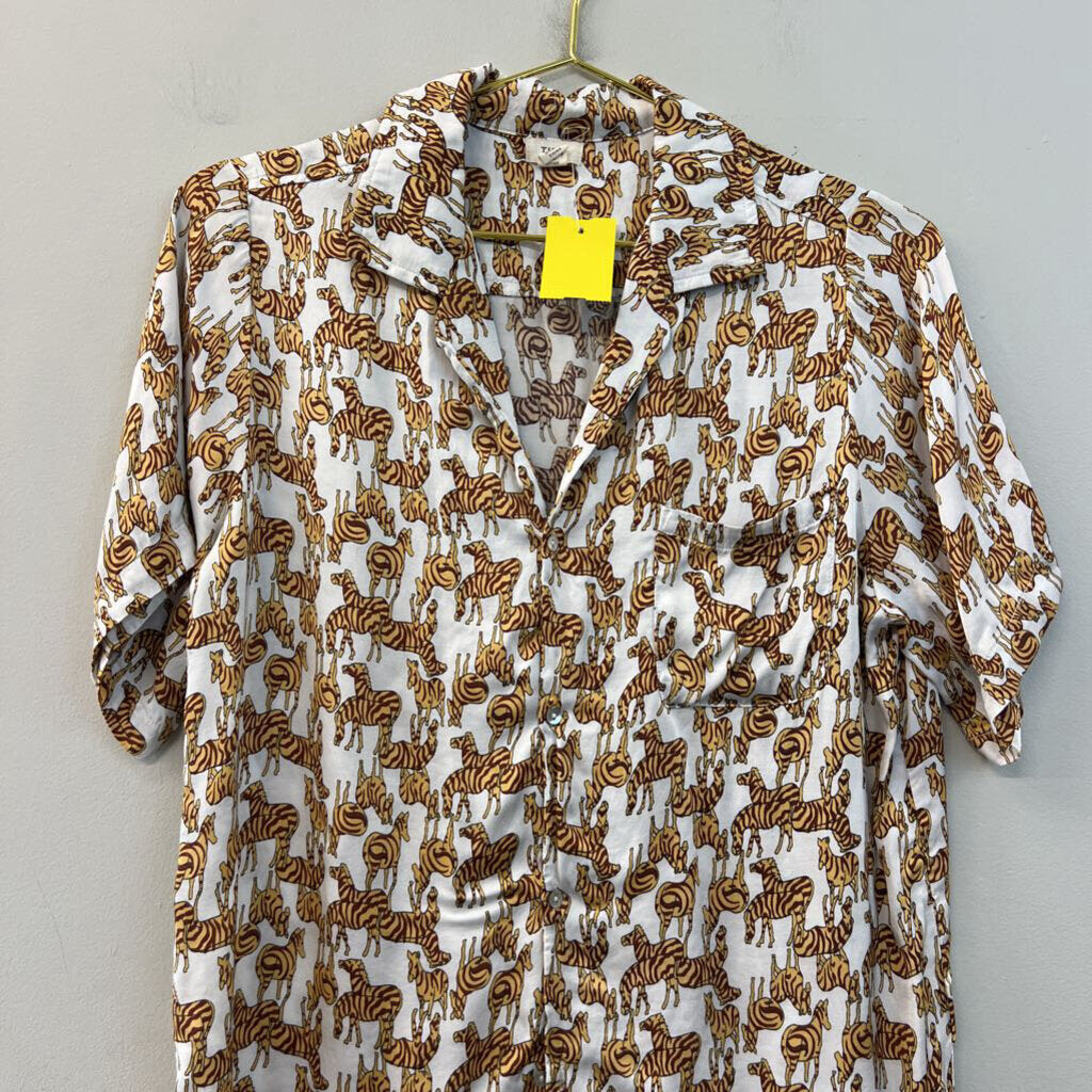Tiny White/ Brown Zebra Print Short Sleeve Button Down Top Medium