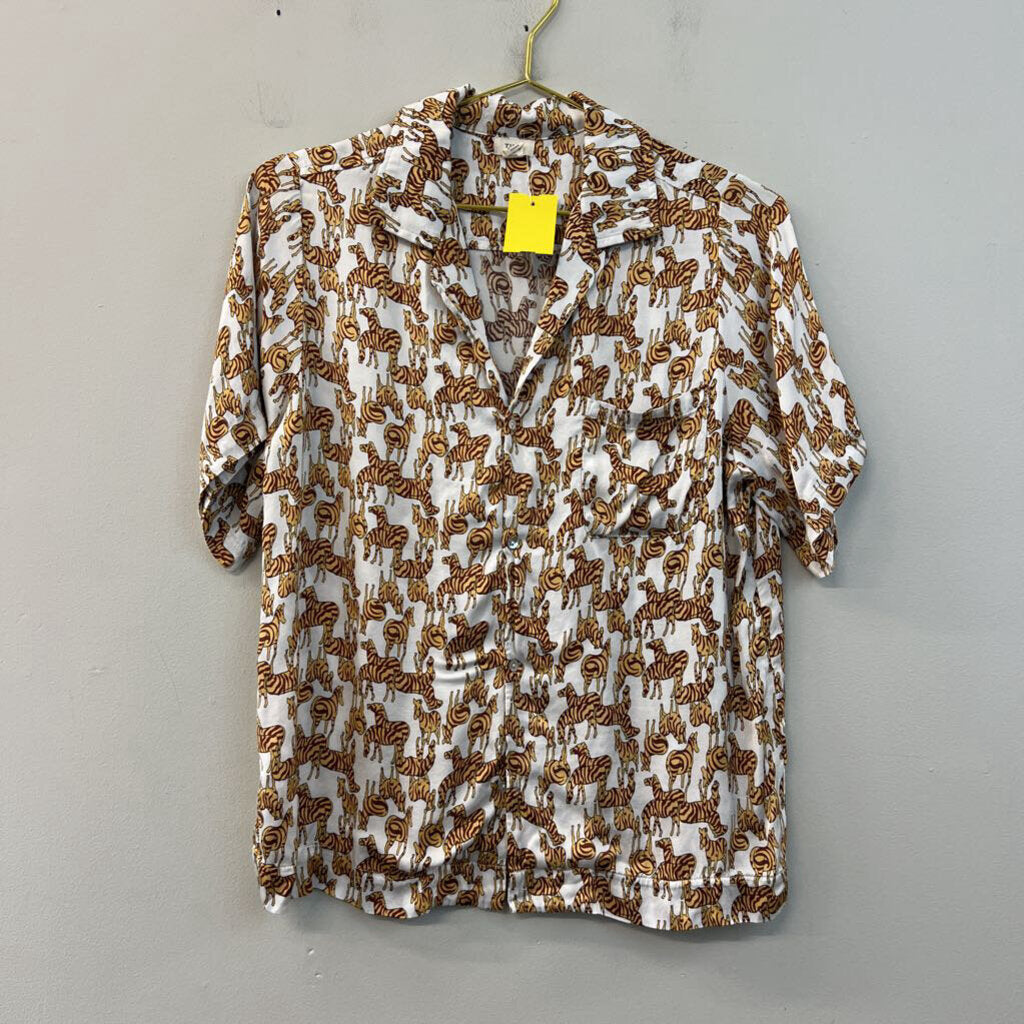 Tiny White/ Brown Zebra Print Short Sleeve Button Down Top Medium
