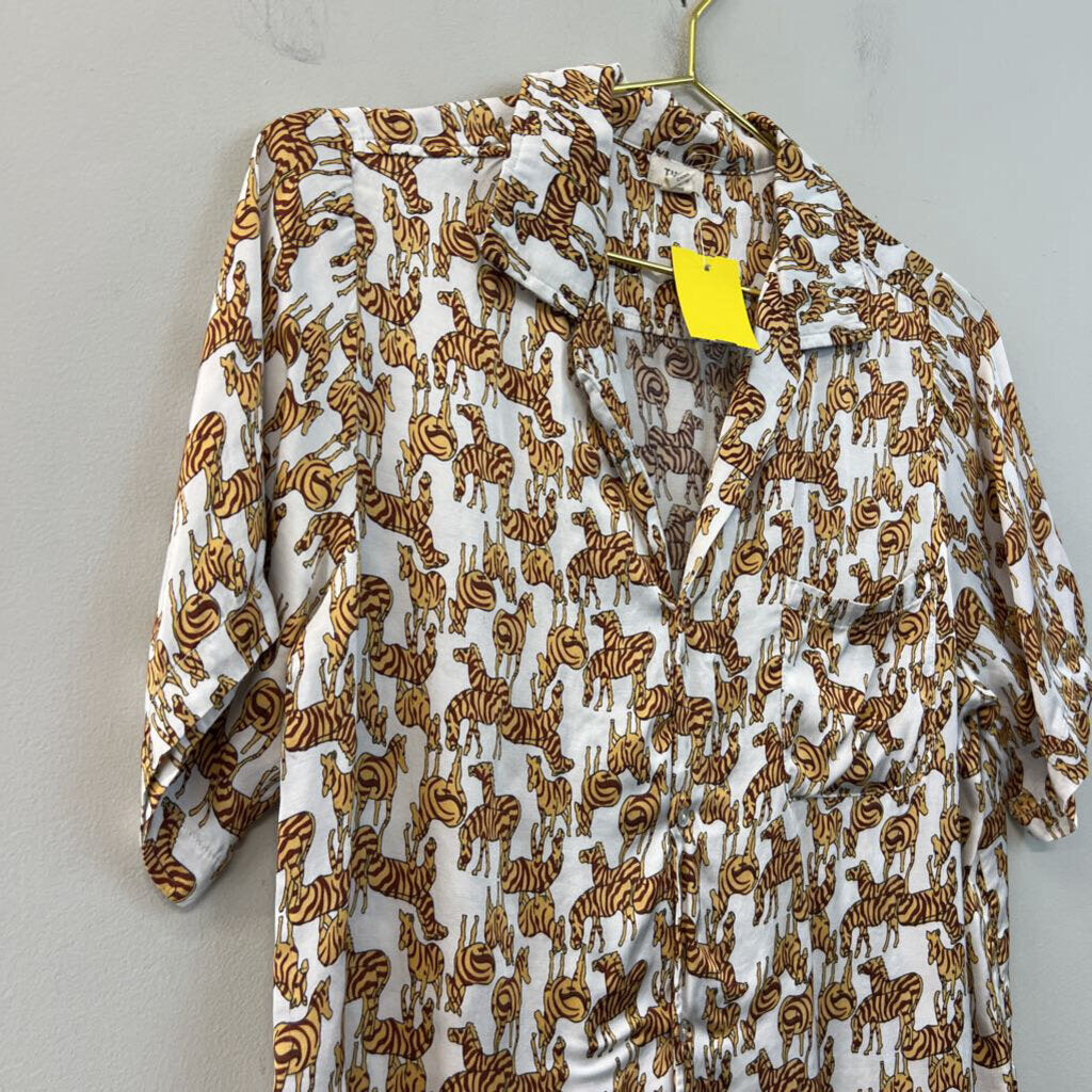 Tiny White/ Brown Zebra Print Short Sleeve Button Down Top Medium