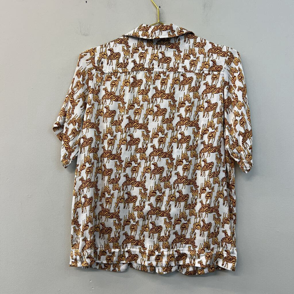 Tiny White/ Brown Zebra Print Short Sleeve Button Down Top Medium