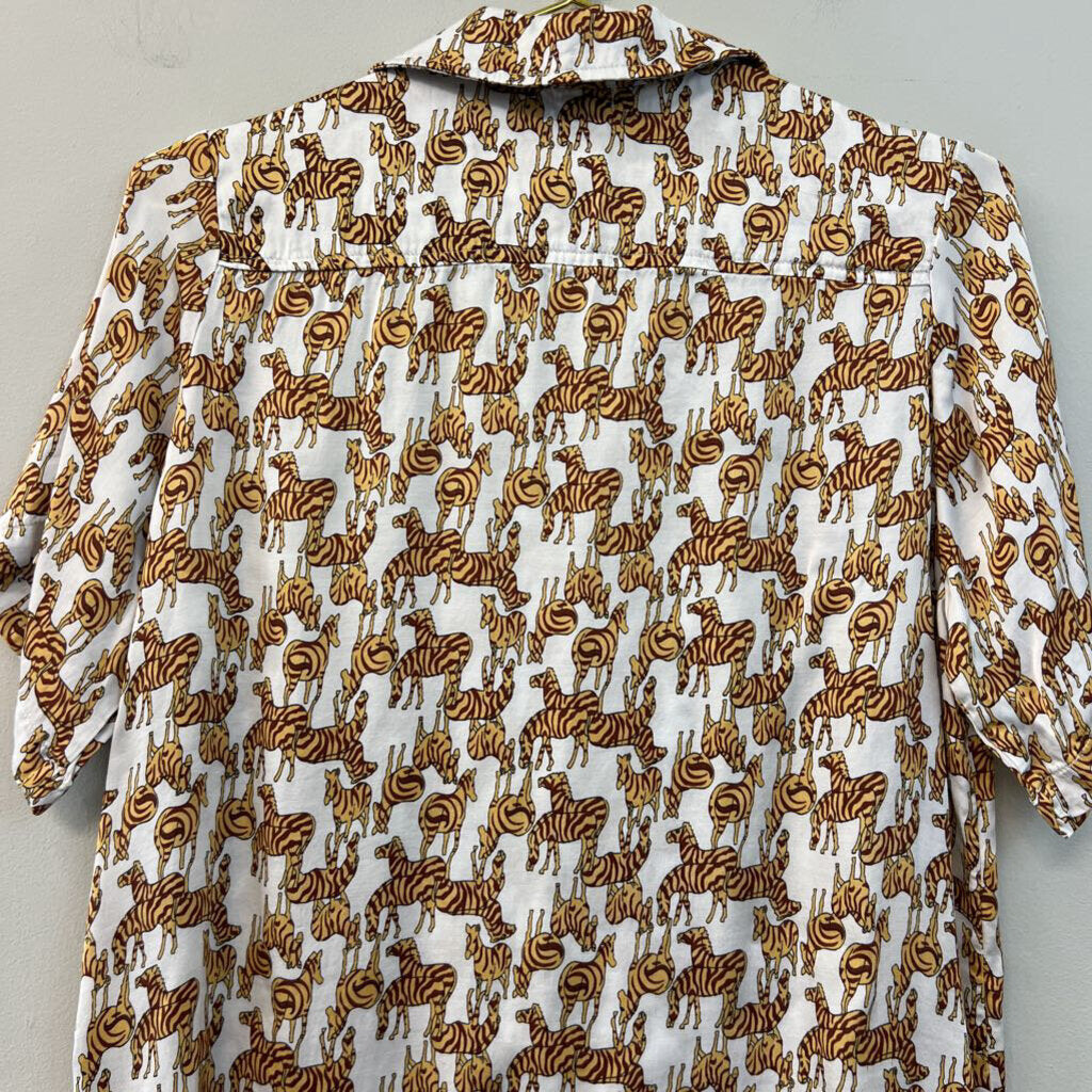 Tiny White/ Brown Zebra Print Short Sleeve Button Down Top Medium