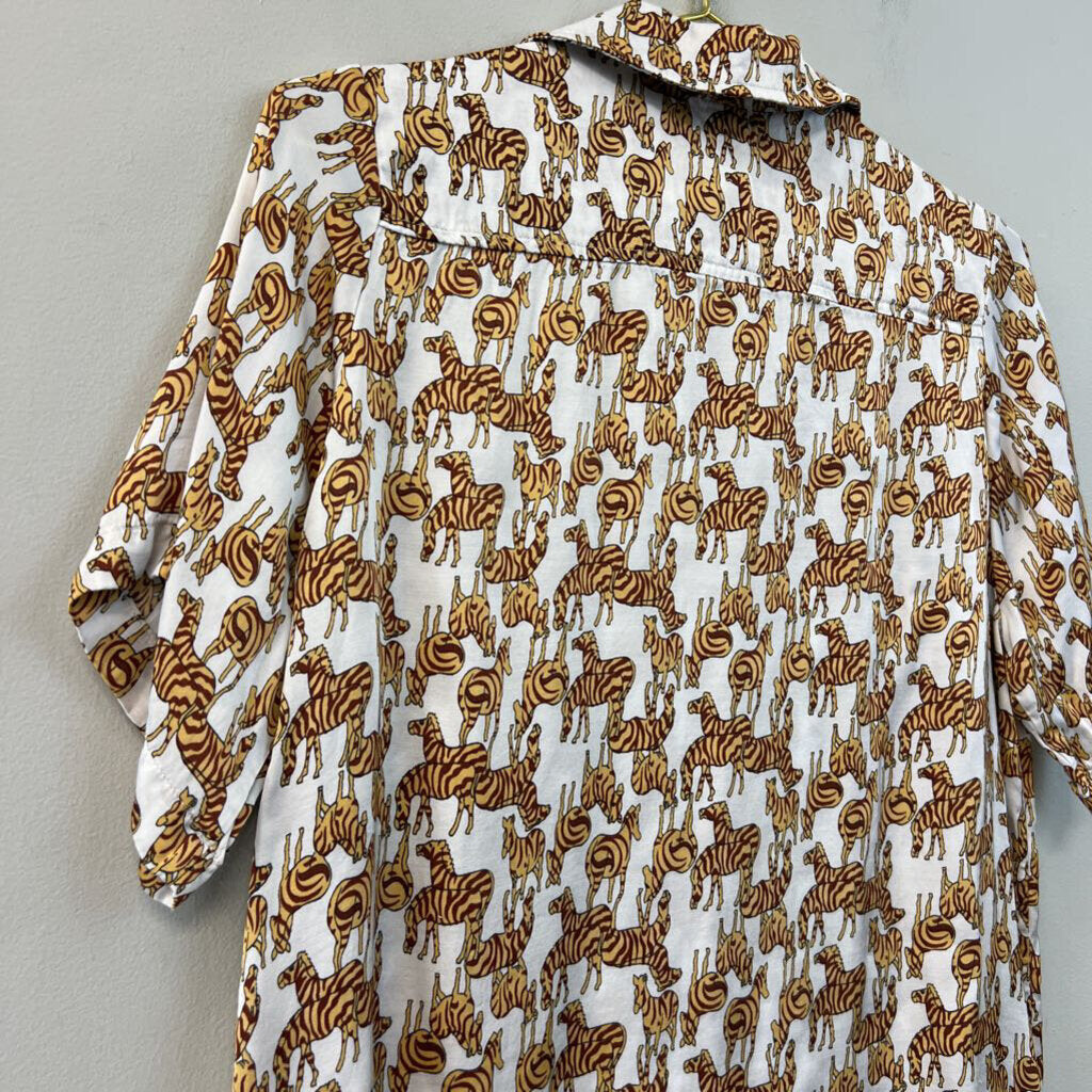 Tiny White/ Brown Zebra Print Short Sleeve Button Down Top Medium