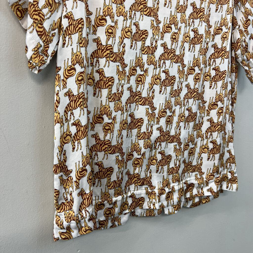 Tiny White/ Brown Zebra Print Short Sleeve Button Down Top Medium