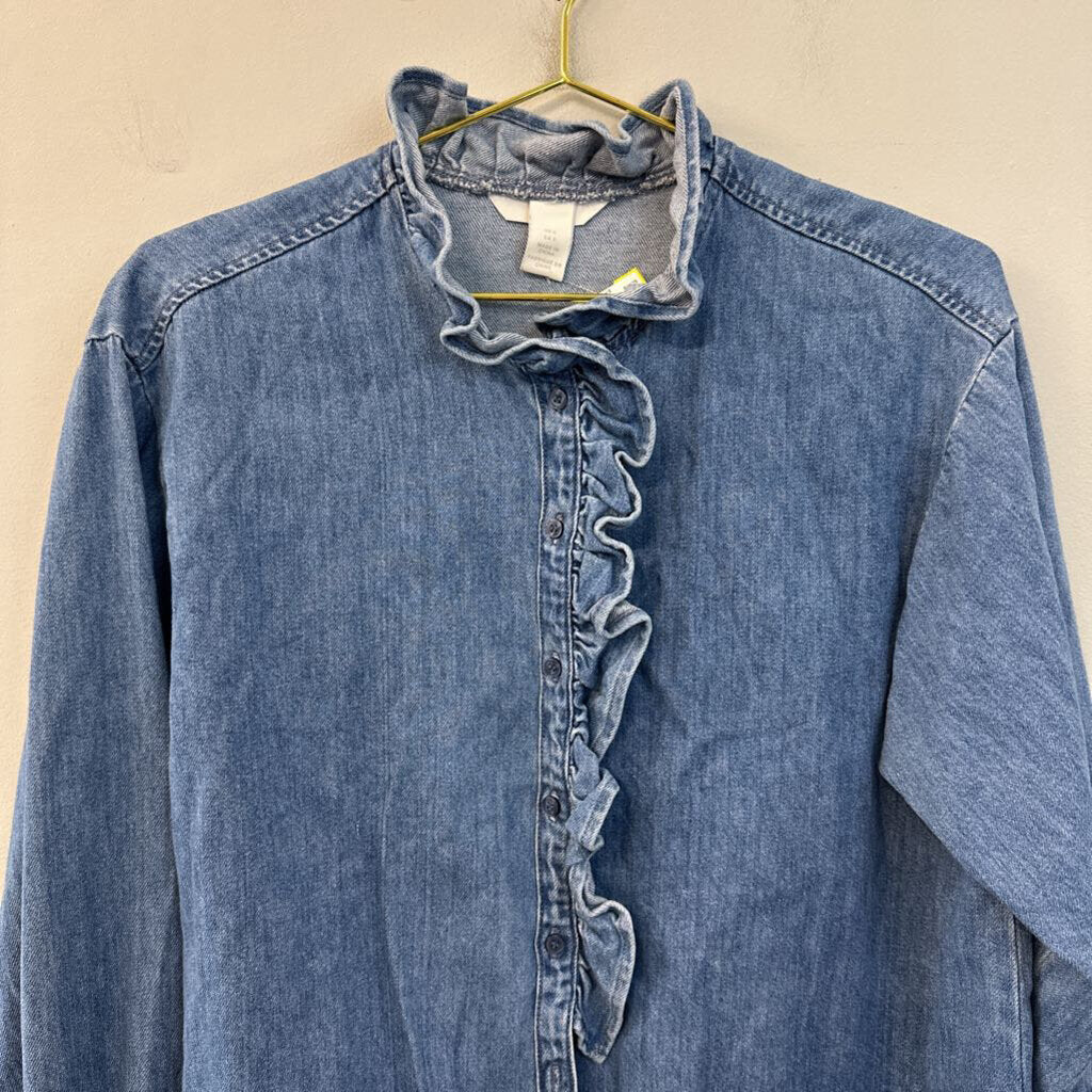 Blue Medium Wash Ruffle Detail Long Sleeve Button Down Top Small