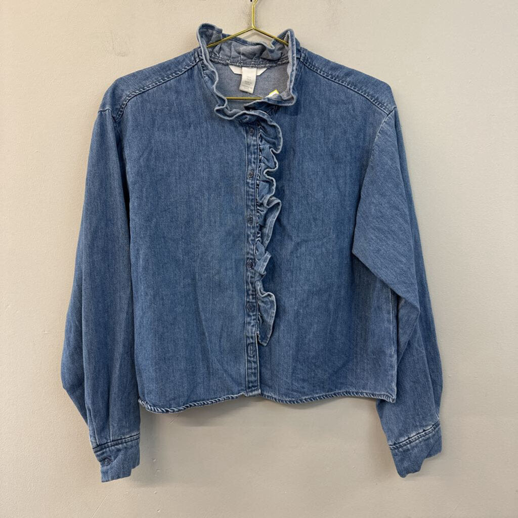 Blue Medium Wash Ruffle Detail Long Sleeve Button Down Top Small