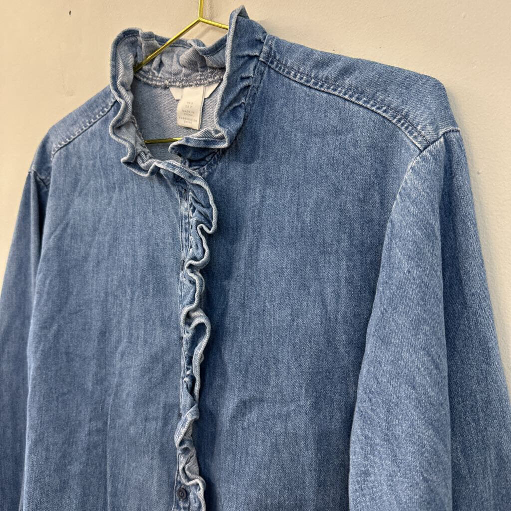 Blue Medium Wash Ruffle Detail Long Sleeve Button Down Top Small