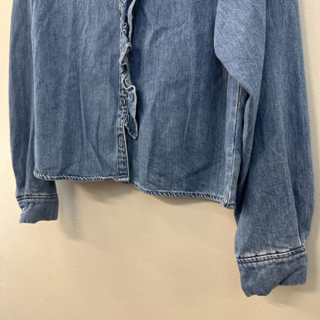 Blue Medium Wash Ruffle Detail Long Sleeve Button Down Top Small