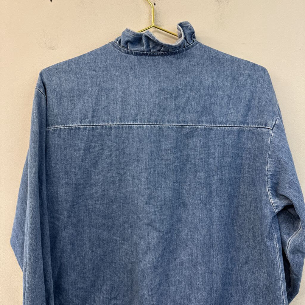 Blue Medium Wash Ruffle Detail Long Sleeve Button Down Top Small