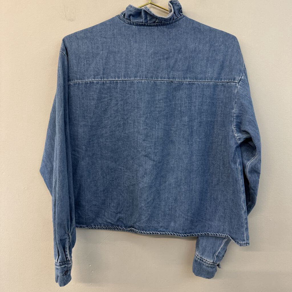 Blue Medium Wash Ruffle Detail Long Sleeve Button Down Top Small