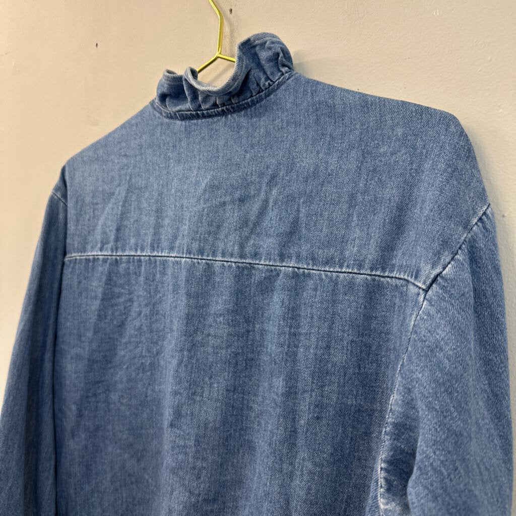 Blue Medium Wash Ruffle Detail Long Sleeve Button Down Top Small