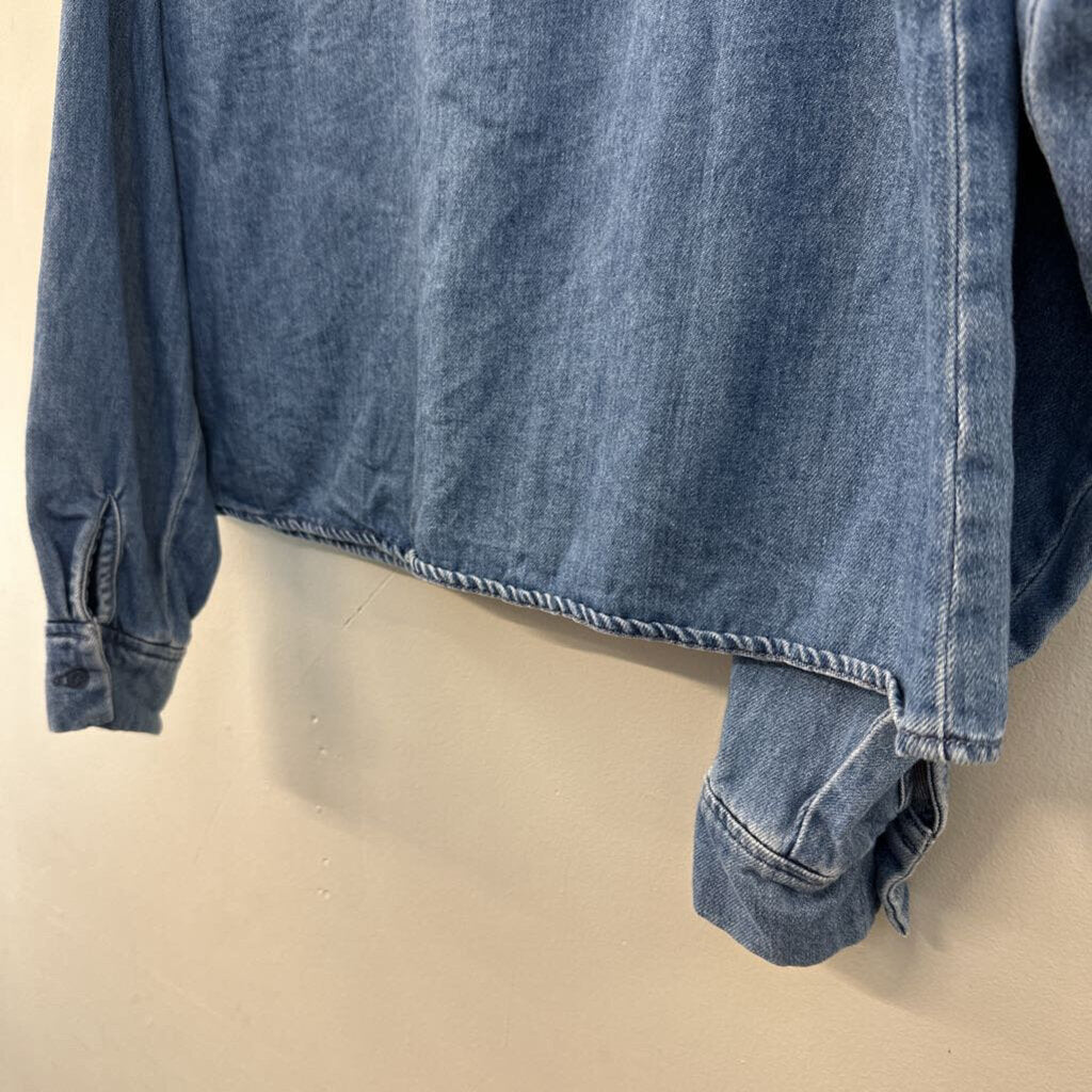 Blue Medium Wash Ruffle Detail Long Sleeve Button Down Top Small