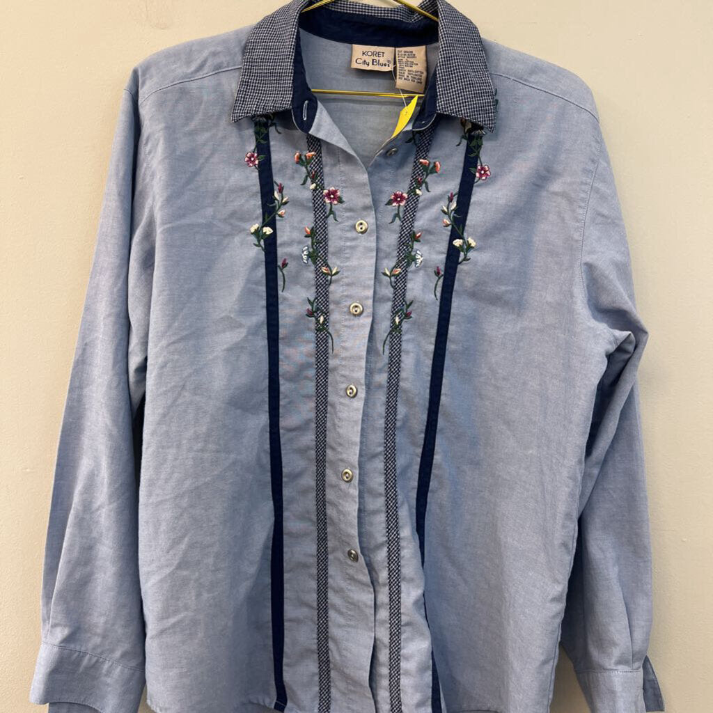 Koret Blue Embroidered Flower Long Sleeve Button Down Top Large
