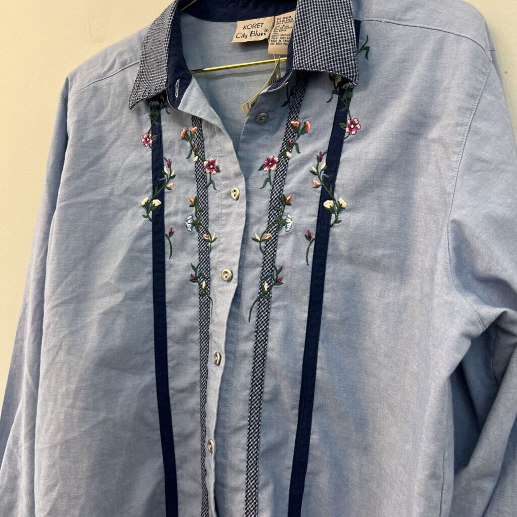Koret Blue Embroidered Flower Long Sleeve Button Down Top Large