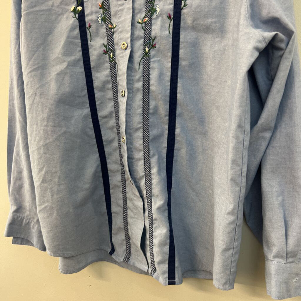 Koret Blue Embroidered Flower Long Sleeve Button Down Top Large