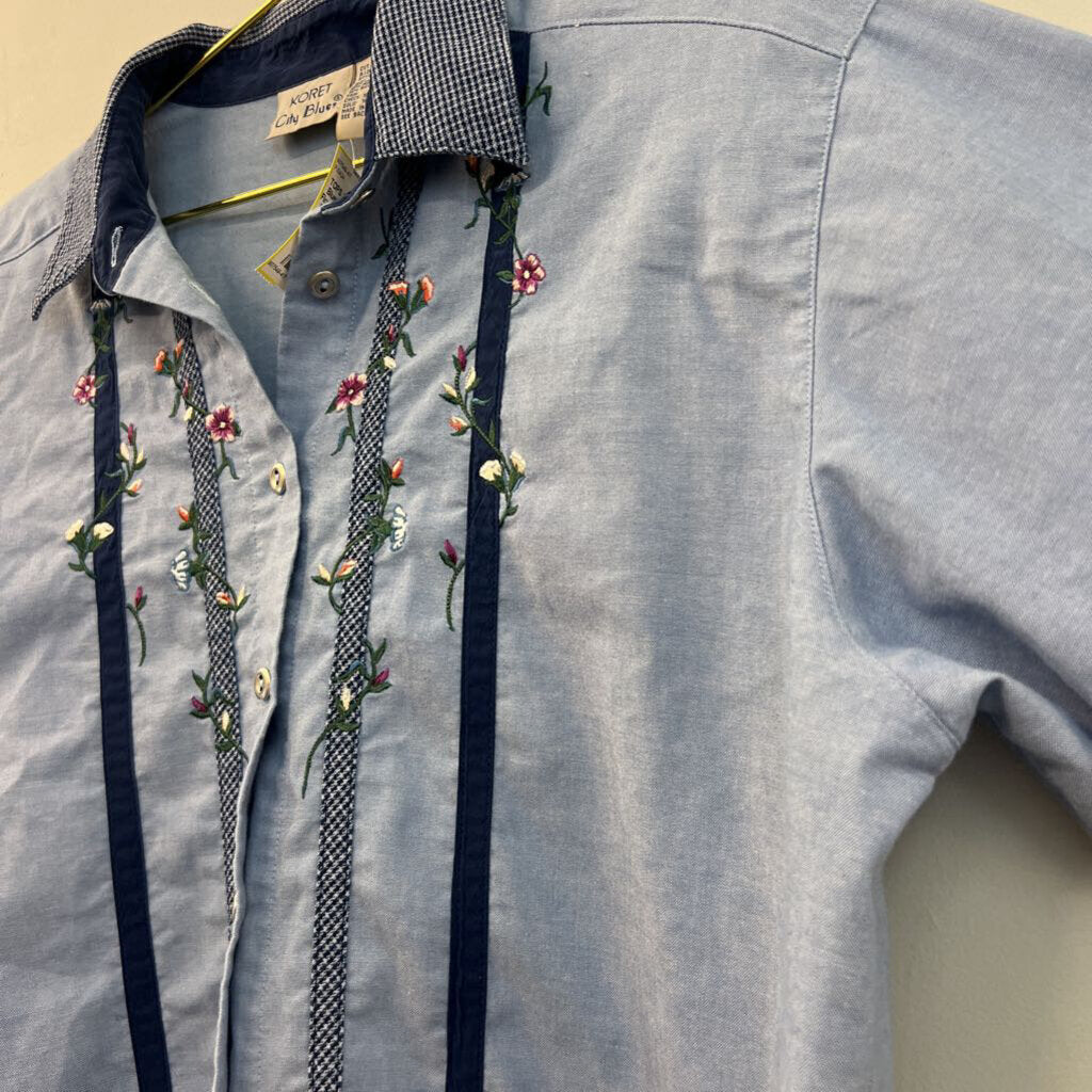 Koret Blue Embroidered Flower Long Sleeve Button Down Top Large