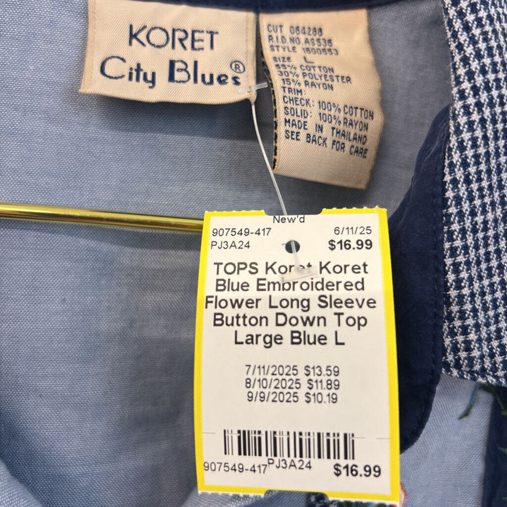 Koret Blue Embroidered Flower Long Sleeve Button Down Top Large