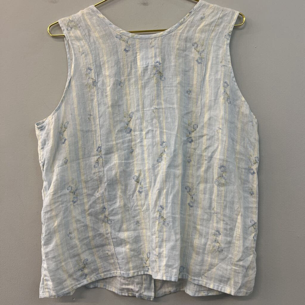 Flax Blue Striped Flower Print Sleeveless Button Front Top Large