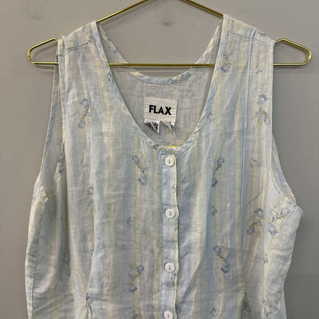 Flax Blue Striped Flower Print Sleeveless Button Front Top Large