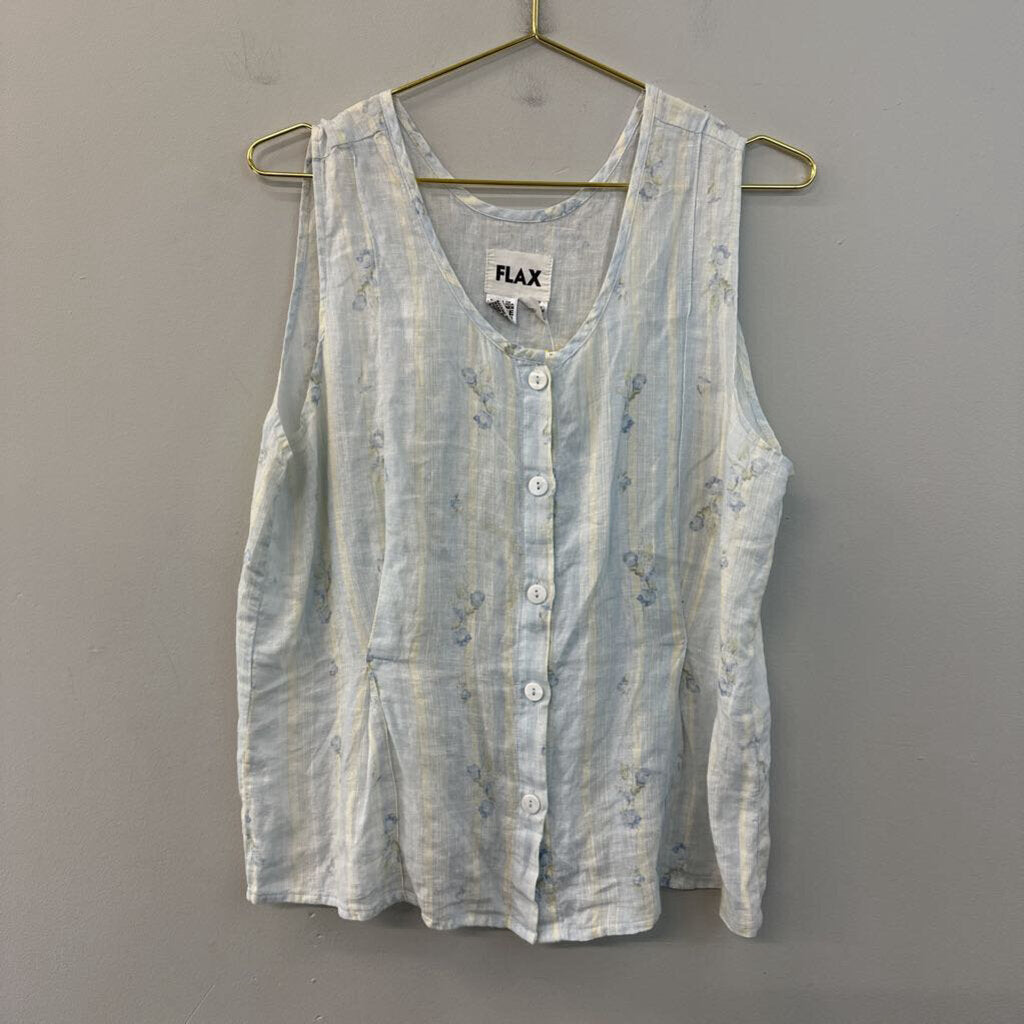 Flax Blue Striped Flower Print Sleeveless Button Front Top Large