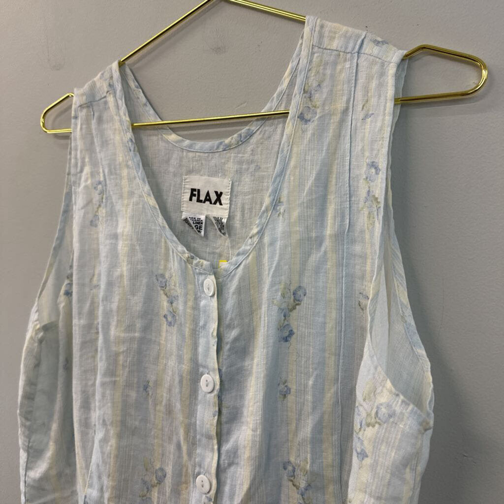 Flax Blue Striped Flower Print Sleeveless Button Front Top Large