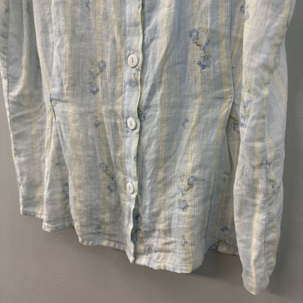 Flax Blue Striped Flower Print Sleeveless Button Front Top Large