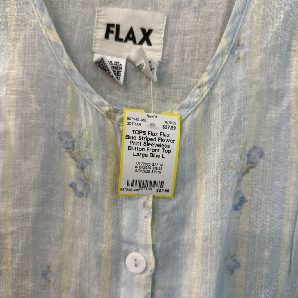 Flax Blue Striped Flower Print Sleeveless Button Front Top Large