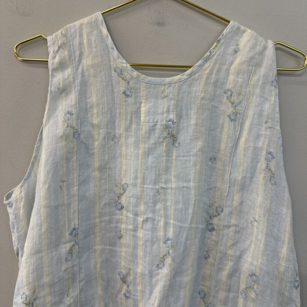 Flax Blue Striped Flower Print Sleeveless Button Front Top Large