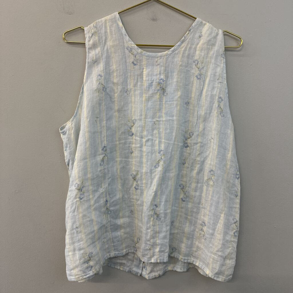 Flax Blue Striped Flower Print Sleeveless Button Front Top Large